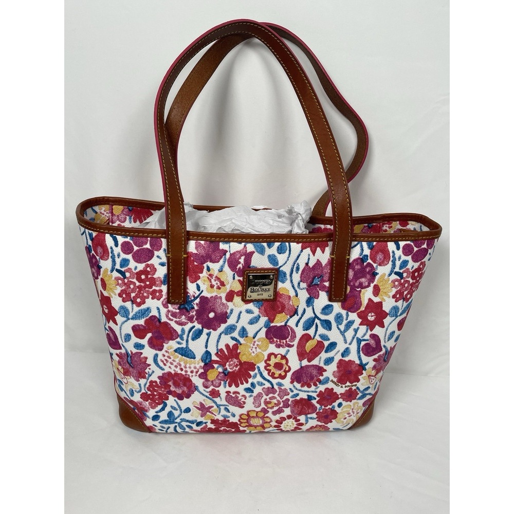 Dooney & Bourke Floral Canvas Shopper Tote Bag Multicolor Leather Trim Cottage